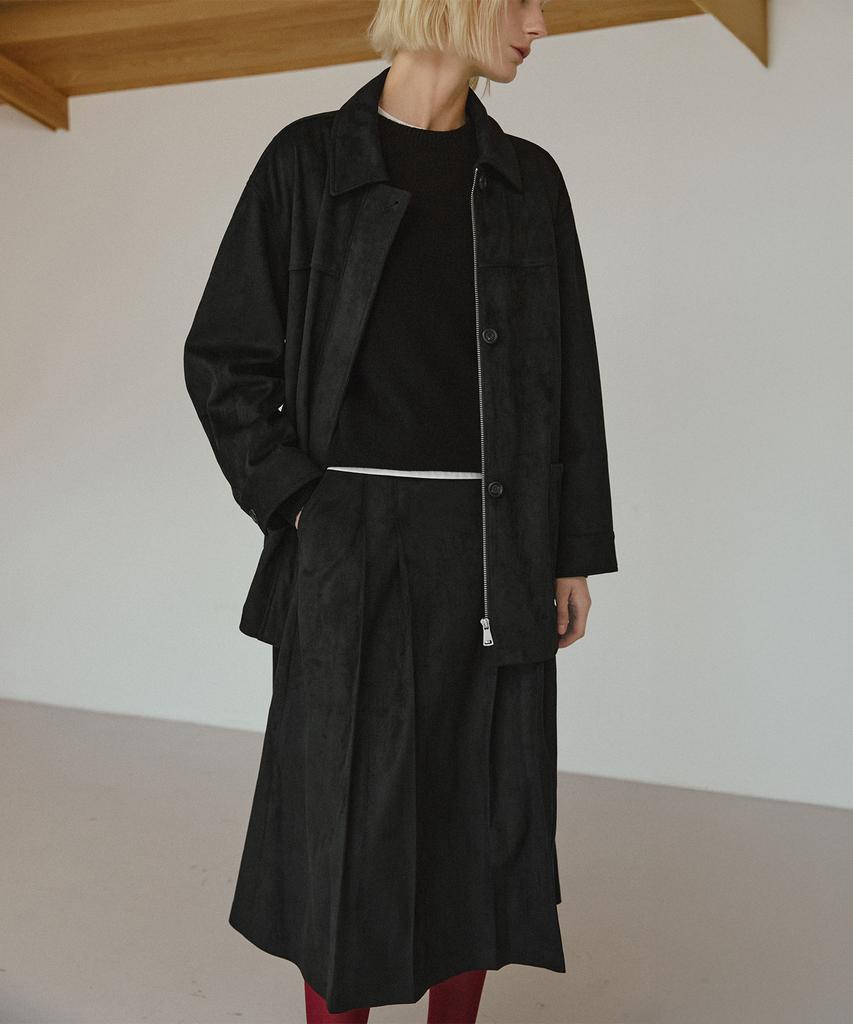 LEFTSEOUL Synthetic Suede Flare Long Skirt [Black]