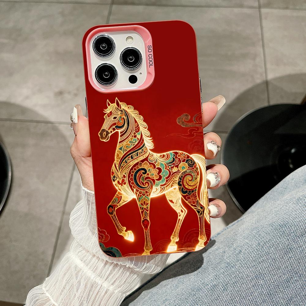 Golden Horse Year Mobile Phone Case for iPhone 17 16 15 14 13 12 11 X XR XS 8 7 Air Pro Max Plus Translucent Pink Colorful Cover