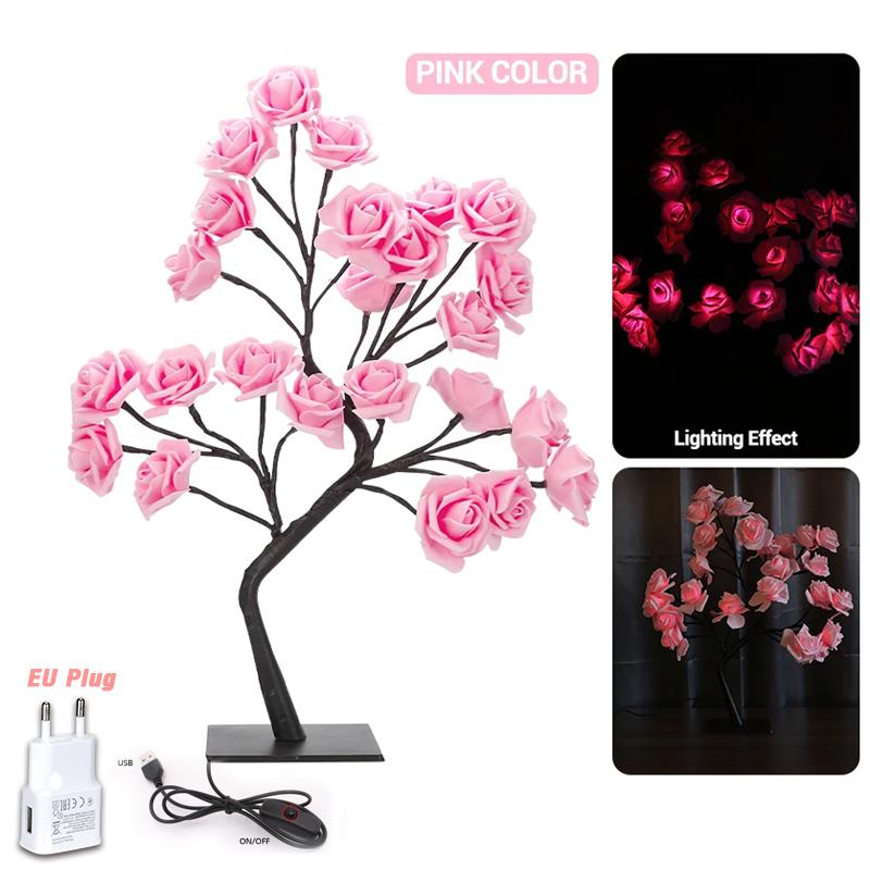 Pink Rose Flower Tree Lights 24LED USB Charge Table Lamp Fairy Night Light Home Party Christmas Wedding Bedroom Decoration Gift
