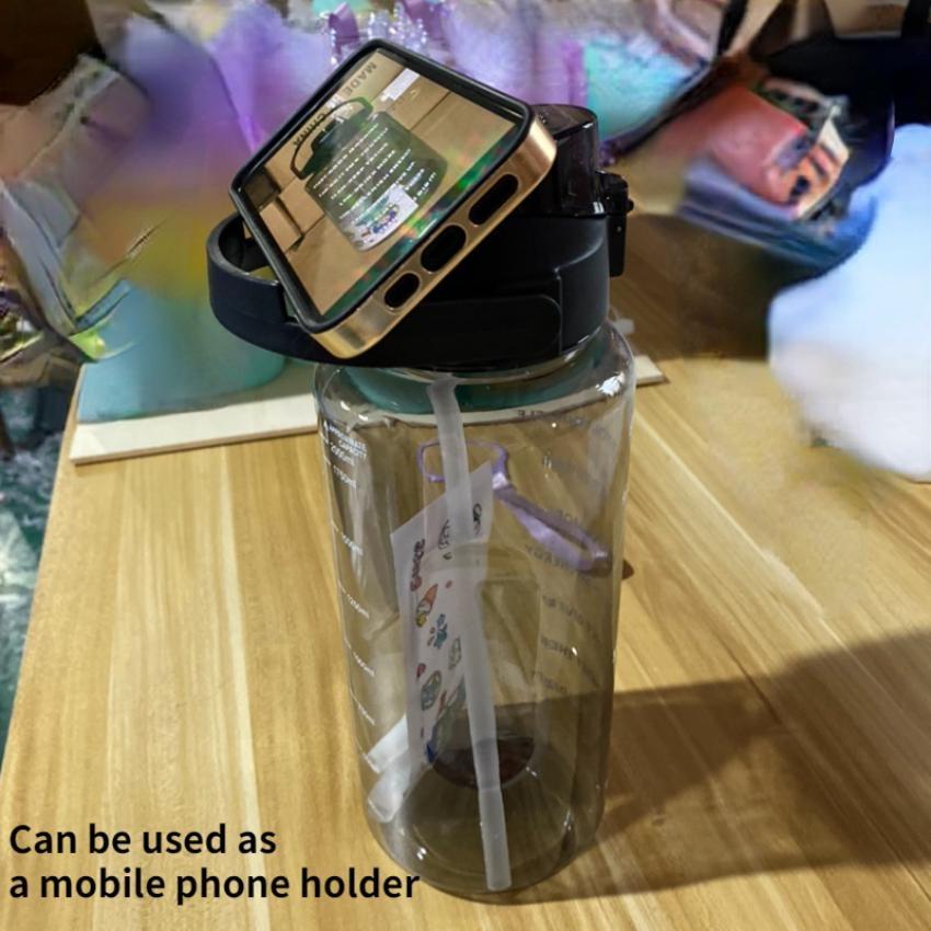 2L Water Bottle with Time Mark, Reusable Outdoor Sports Water Bottle, Straw, Portable Plastic Cup, Large Capacity