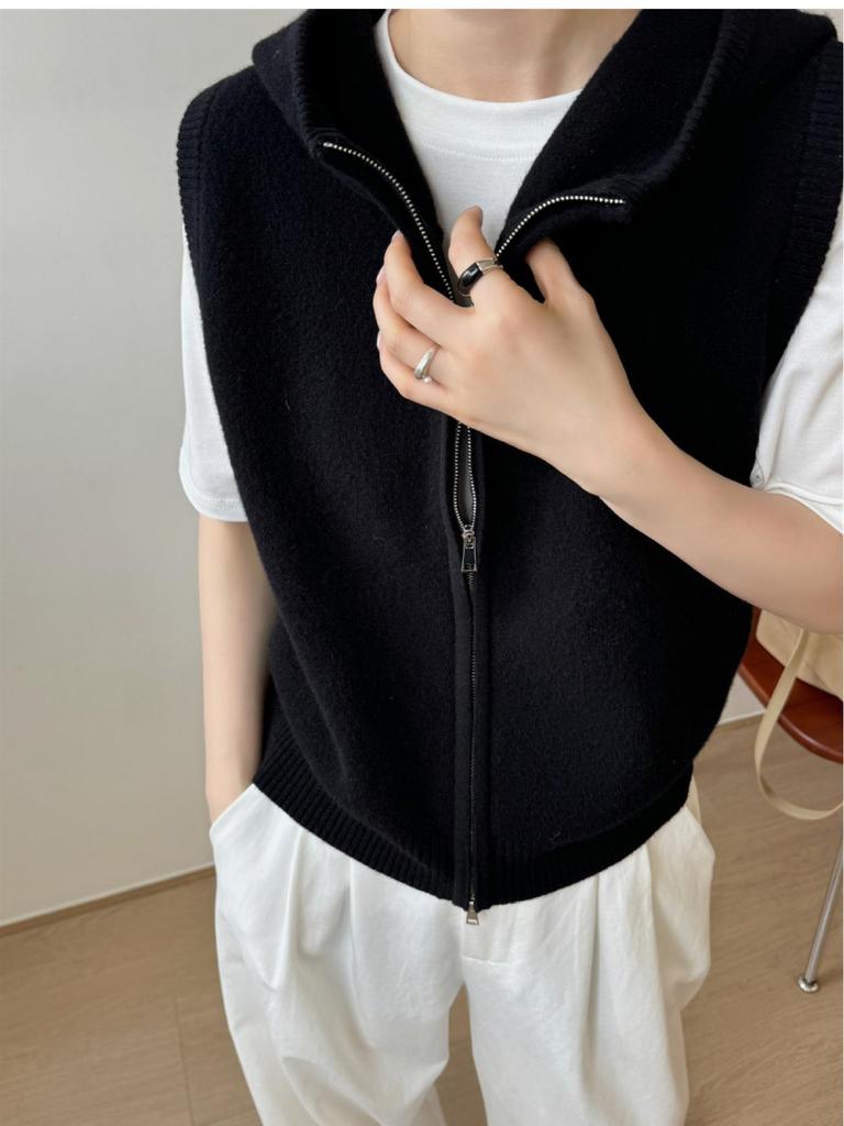 Women's European Style Wool Hooded Zip Vest - Loose Sleeveless Knit Cashmere Cape