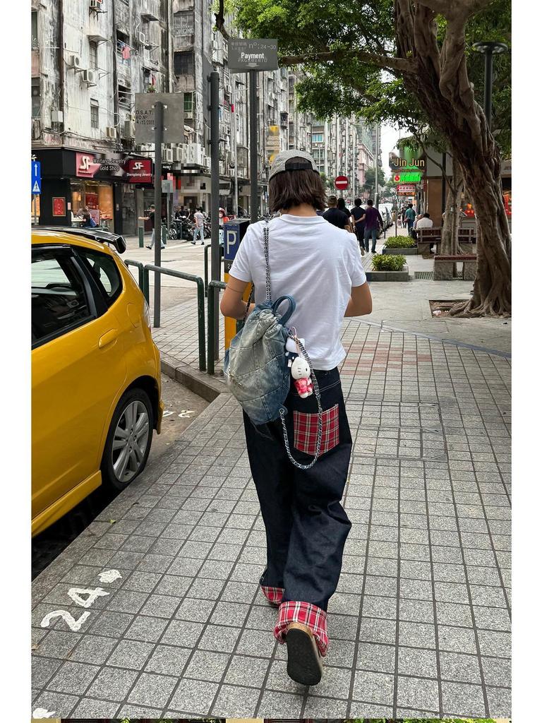 Męskie Jesienne Dżinsy w Kratę z Szerokimi Nogawkami, Podwinięte - Luksusowe, Luźne, Proste