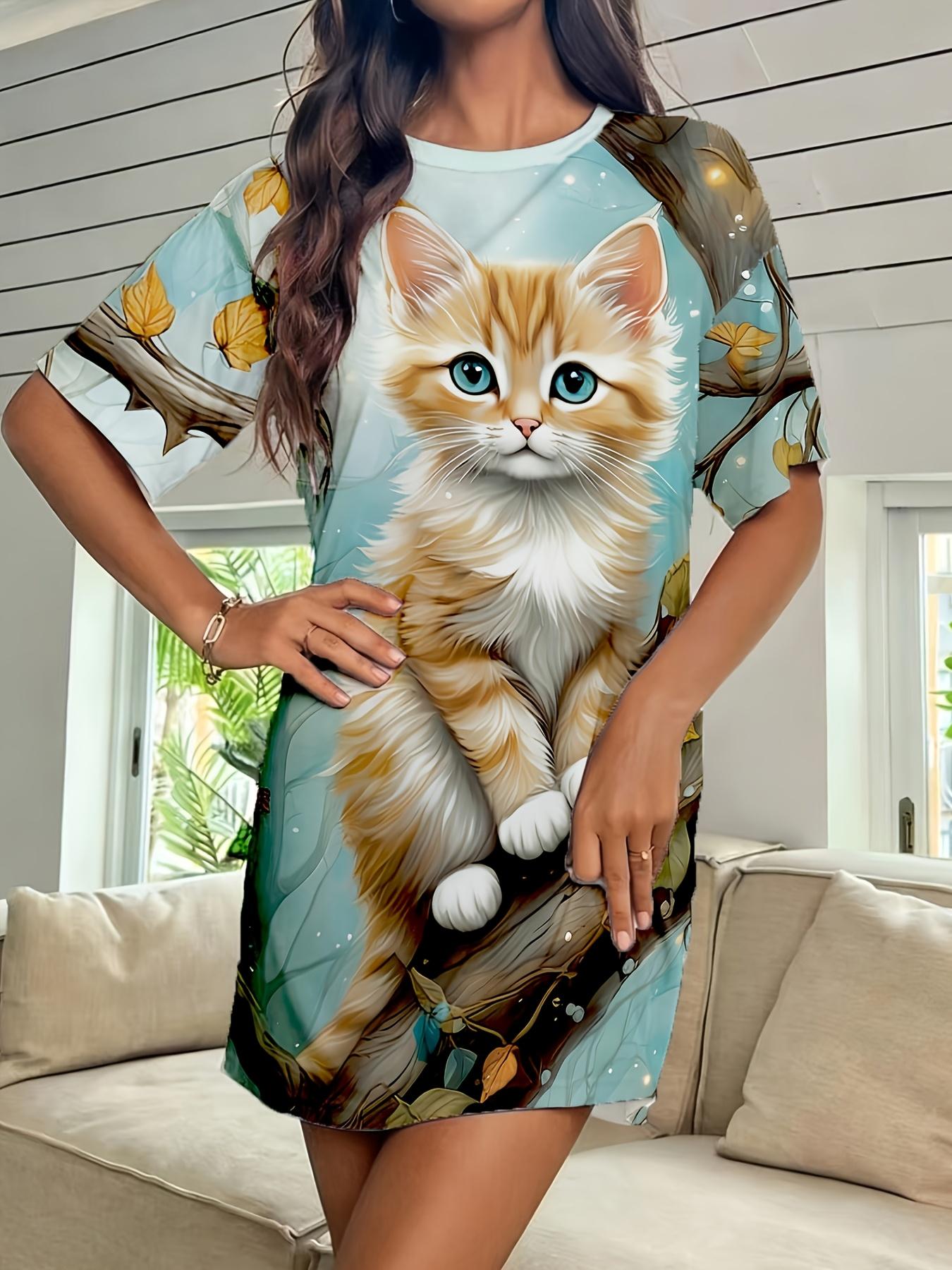 

Women s Cute Cat Print Short Sleeve Dress L дубильная кора