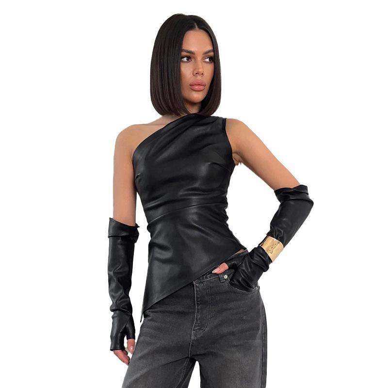 2024 Women's Street Fashion Sleeveless Oblique Collar PU Leather Vest with Sleeves