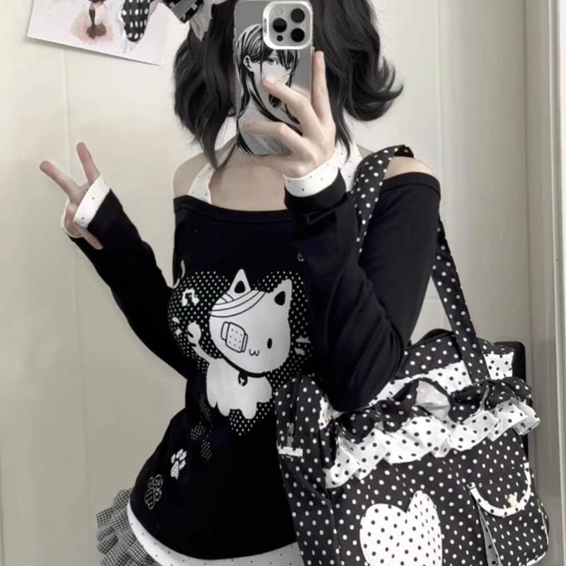 T-shirt da Donna Kawaii Juminocore Gatto Bianco Pois Scollo a Barca Manica Lunga Stile Giapponese Slim Finto Due Pezzi