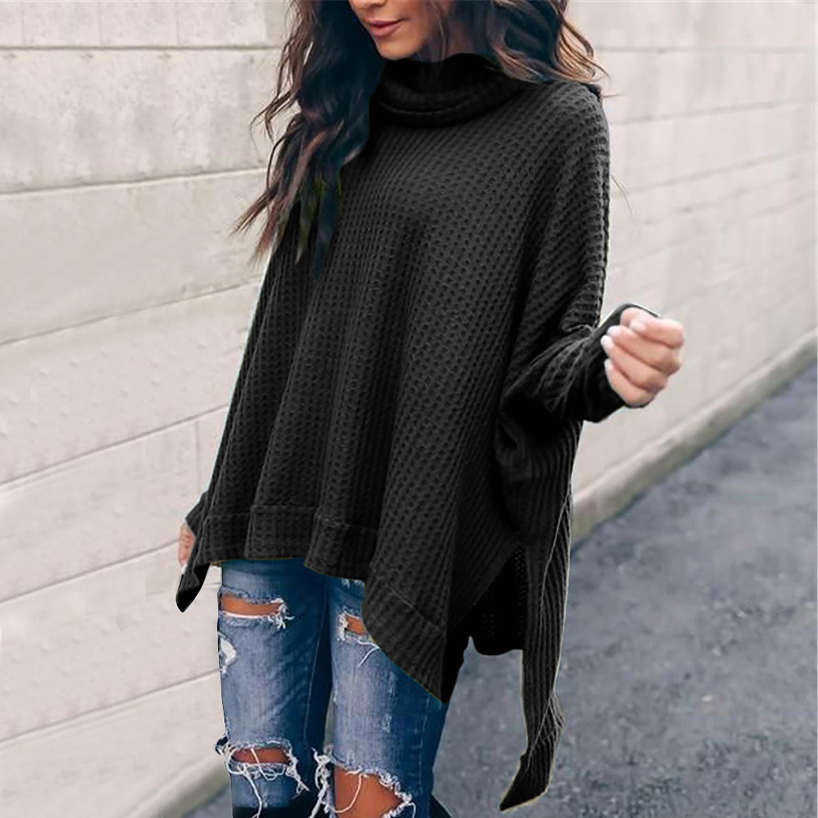 

Women s And Winter Loose Solid Color Irregular Hem Stitching Long-sleeved Pile Collar Knit Sweater Top M чорний
