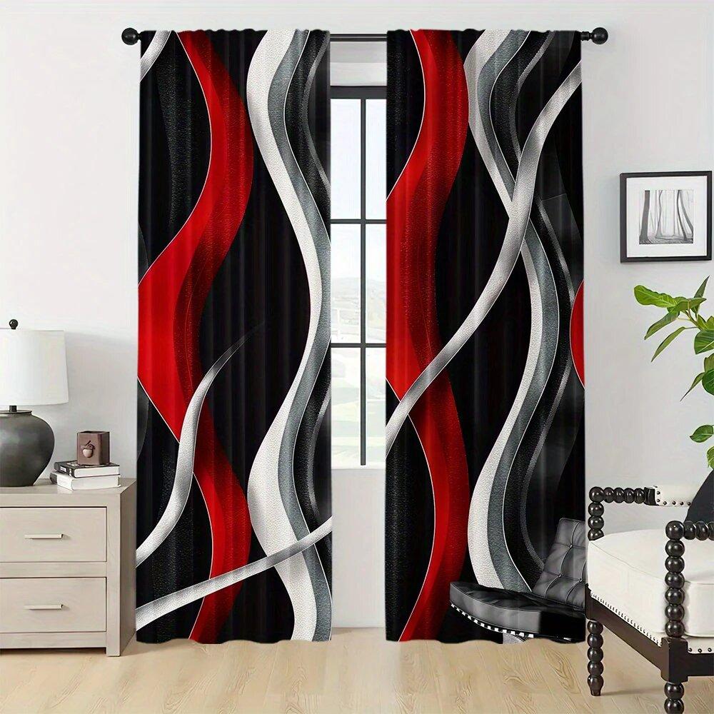 2 Stück rot, grau und schwarz bedruckte Vorhänge mit geometrischem Spiralmuster, 30*65 Zoll, Heimdekoration, Raumdekoration