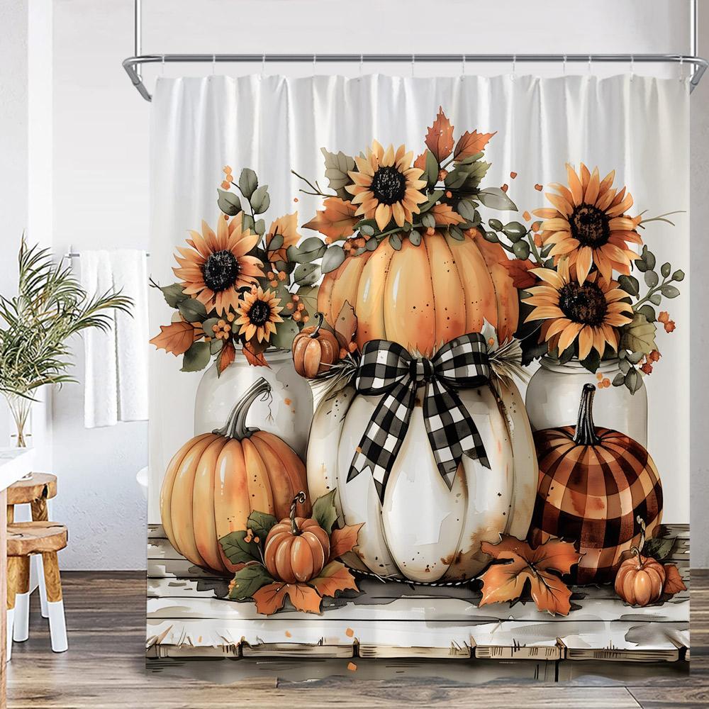 Autumn Harvest Season Shower Curtain Pumpkin Sunflower Corn Squirrel Fall Country Bathroom Decor Orange Polyester Bath Curtain