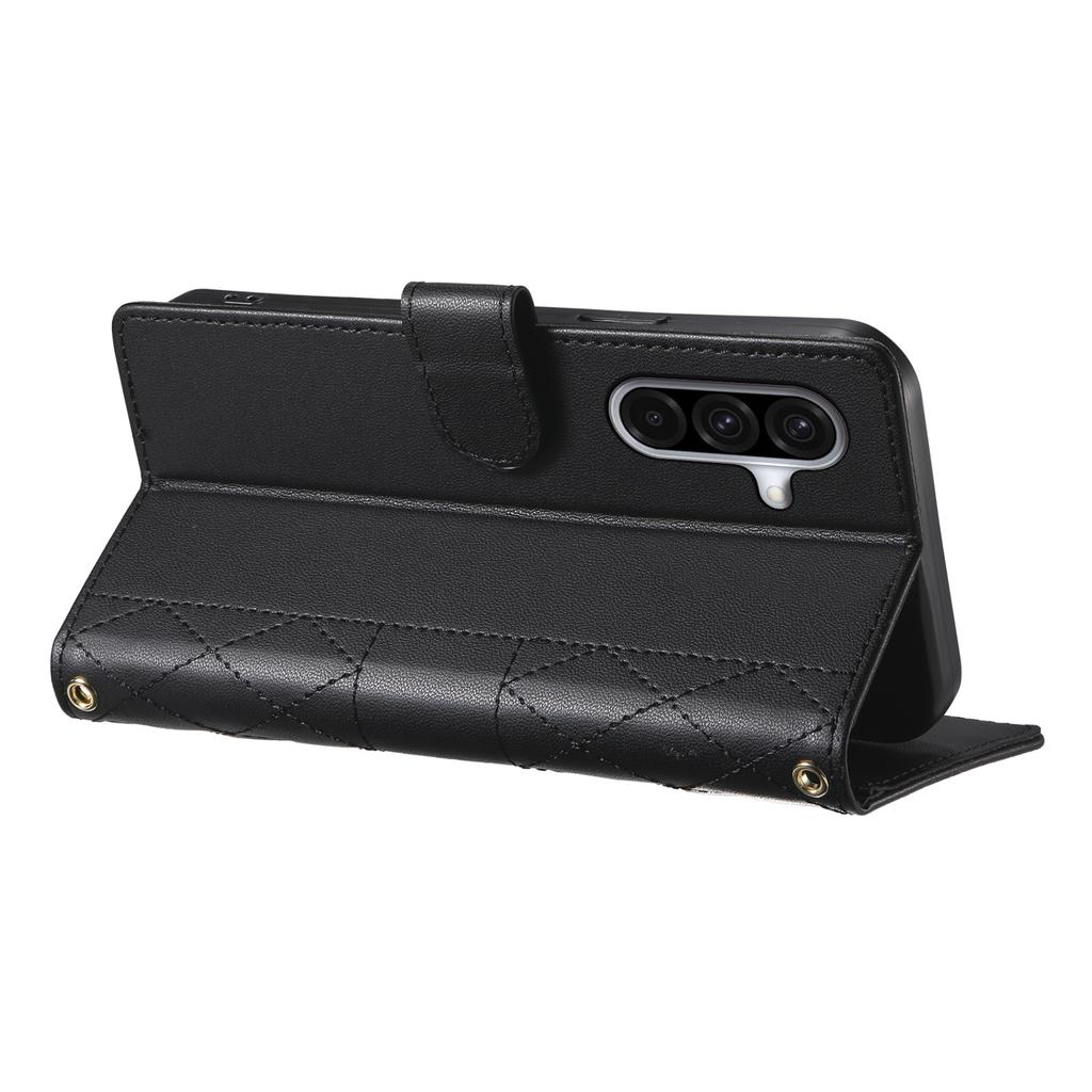 For Samsung Galaxy A56 5G Case Rhombus Stitching Wallet Stand Leather Phone Cover with Long/Short Strap