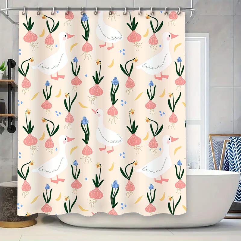 Pink Floral Bath Curtain With White Ducks Waterproof Bathroom Decor For Girls' Home Accessories