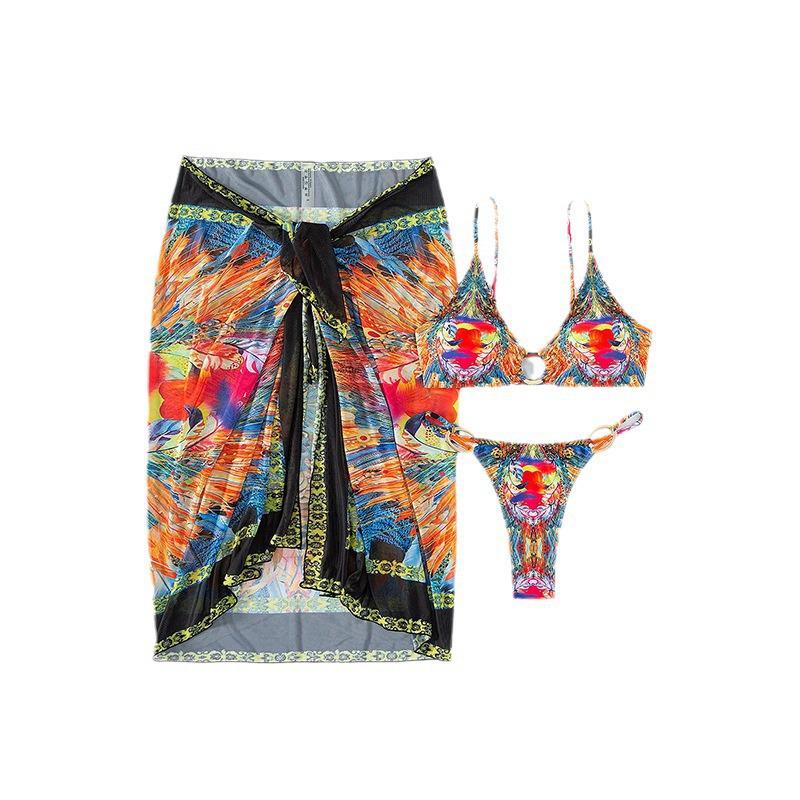 2025 European & American Tie-Dye Bikini Swimwear Set: Sexy Mesh Skirt, Three-Piece Swimsuit for Women