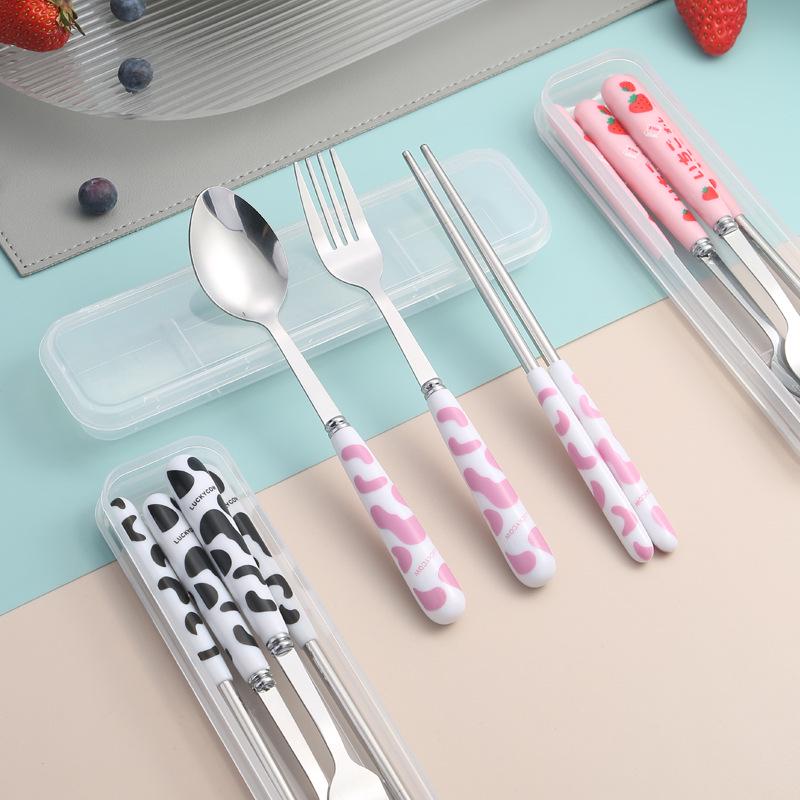 Ins Style Cartoon Stainless Steel Cutlery Set: Portable Chopsticks, Spoon & Fork for Students & Travel