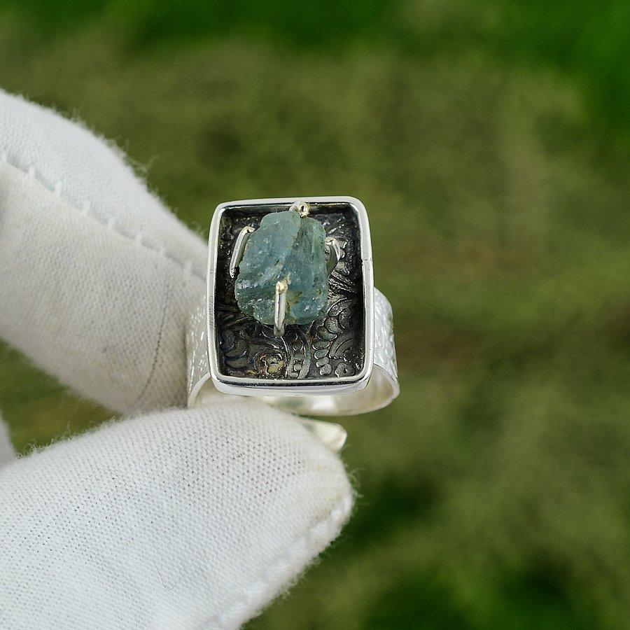 Natürlicher Aquamarin Rohstein 925 Silber Stapelbarer Verstellbarer Ring Für Mädchen