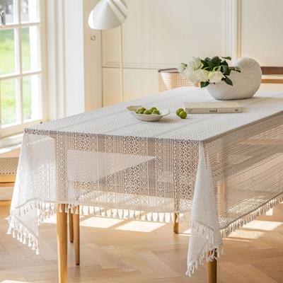 Nappe en dentelle crochetée brodée avec pompons - Housse rectangulaire en mélange de polyester pour décoration de cuisine, salle à manger, fête, tissage en tricot, blanc
