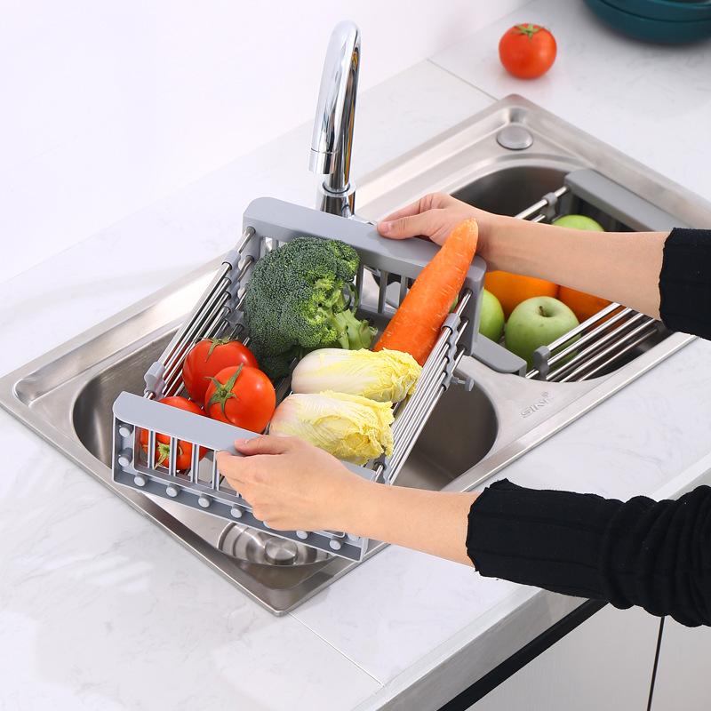Adjustable Kitchen Stainless Steel Sink Rack Telescopic Sink Dish Rack Sink Holder Organizer Fruit Vegetable Washing Drainer