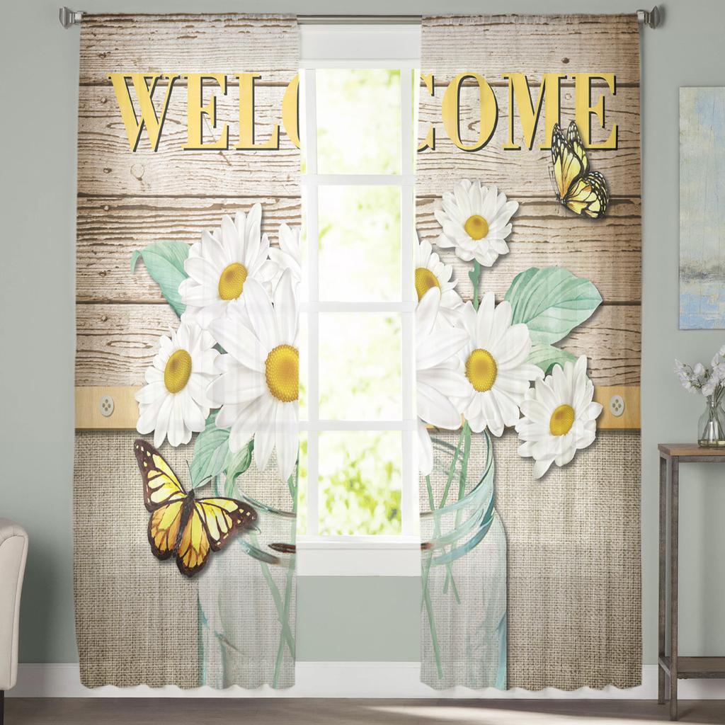 Wood Grain Daisy Butterfly Curtain For Living Room Transparent Tulle Curtains Window Sheer For The Bedroom Accessories Decor