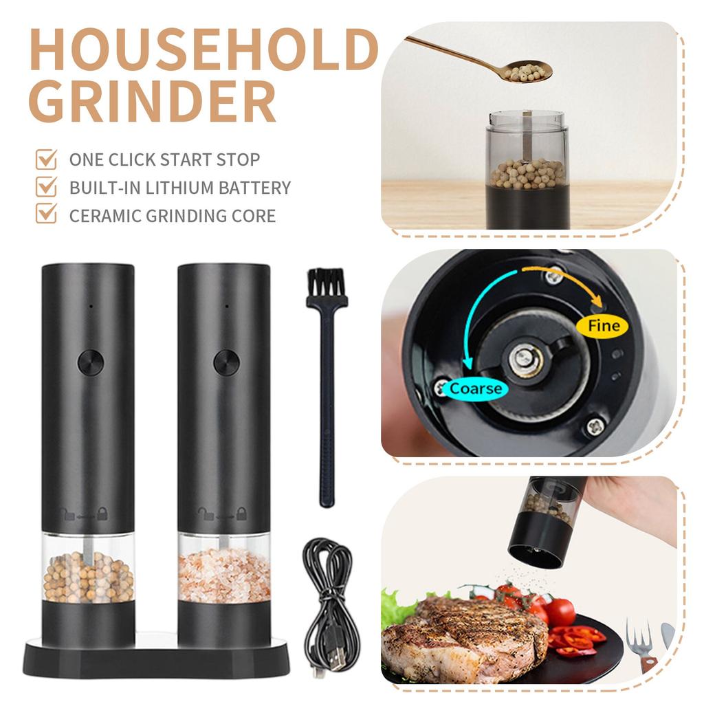 Electric And Pepper Grinder Set, USB Rechargeable, Automatic Pepper Mill Grinder Adjustable Coarseness, 40ml Container, One-Button Control