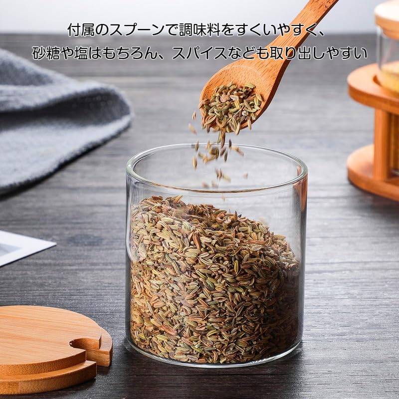 Set of 3 Glass Spice Jars for Salt, Sugar, Pepper, and Potato Starch, with Bamboo Lids and Three Stainless Steel Spoons