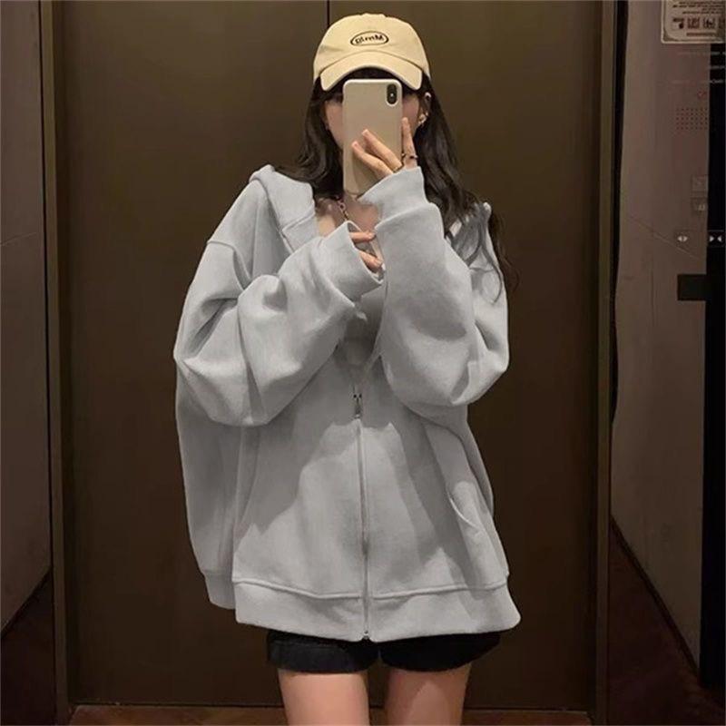 Women Autumn Winter Casual Long Sleeve Hooded Solid Color Light Fleece Big Pocket Loose Zip Coat