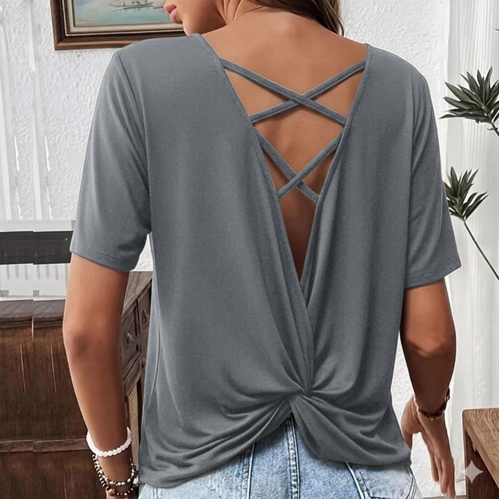 

Women Casual Round Neck Short Sleeve T Shirt Twist Back Crossbody Design Lightweight Soft Fabric Relaxed Fit Summer Top XL