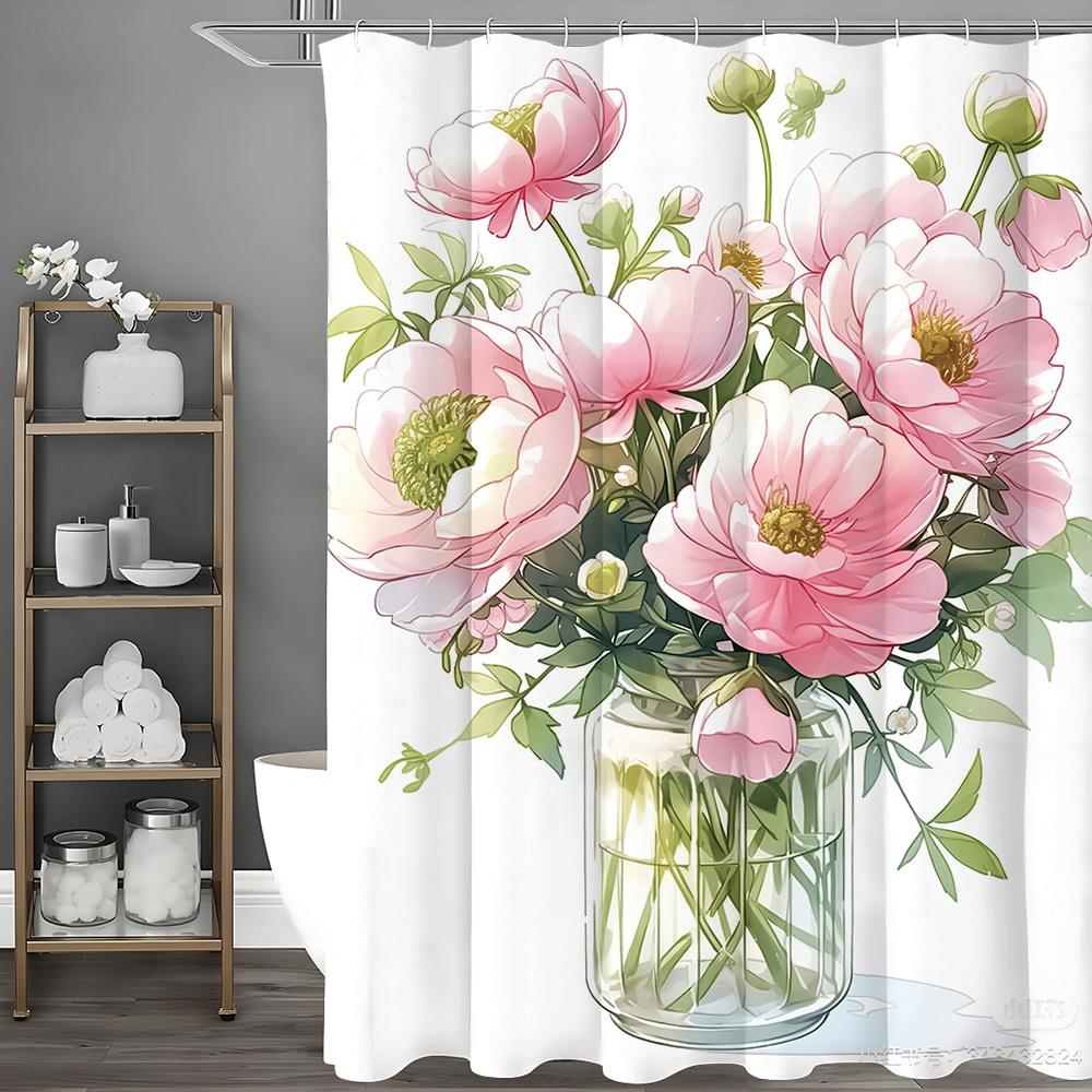 

Pink Floral Vase Shower Curtain, Bathroom Decorative Shower Curtain, Waterproof Shower Curtain with Hooks 90*180cm