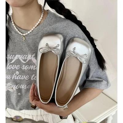 New Spring Summer Flat Ballet Shoes Women's Mary Jane Shoes Ballet Flats Women Bowknot Silver Flat Single Shoes Zapatos De Mujer