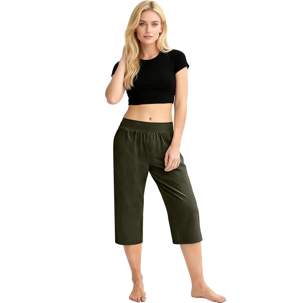 Women Elastic High Waist 3/4 Pant Casual Fit Wide Capris Leg Pants Trousers With Pockets