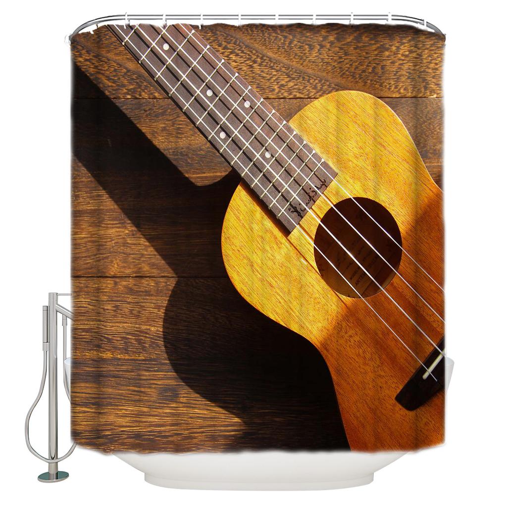 Music Decor Electric Guitars On Lighted Wooden Floor Shower Curtains Polyester Fabric Waterproof Bath Curtain Shower Curtain