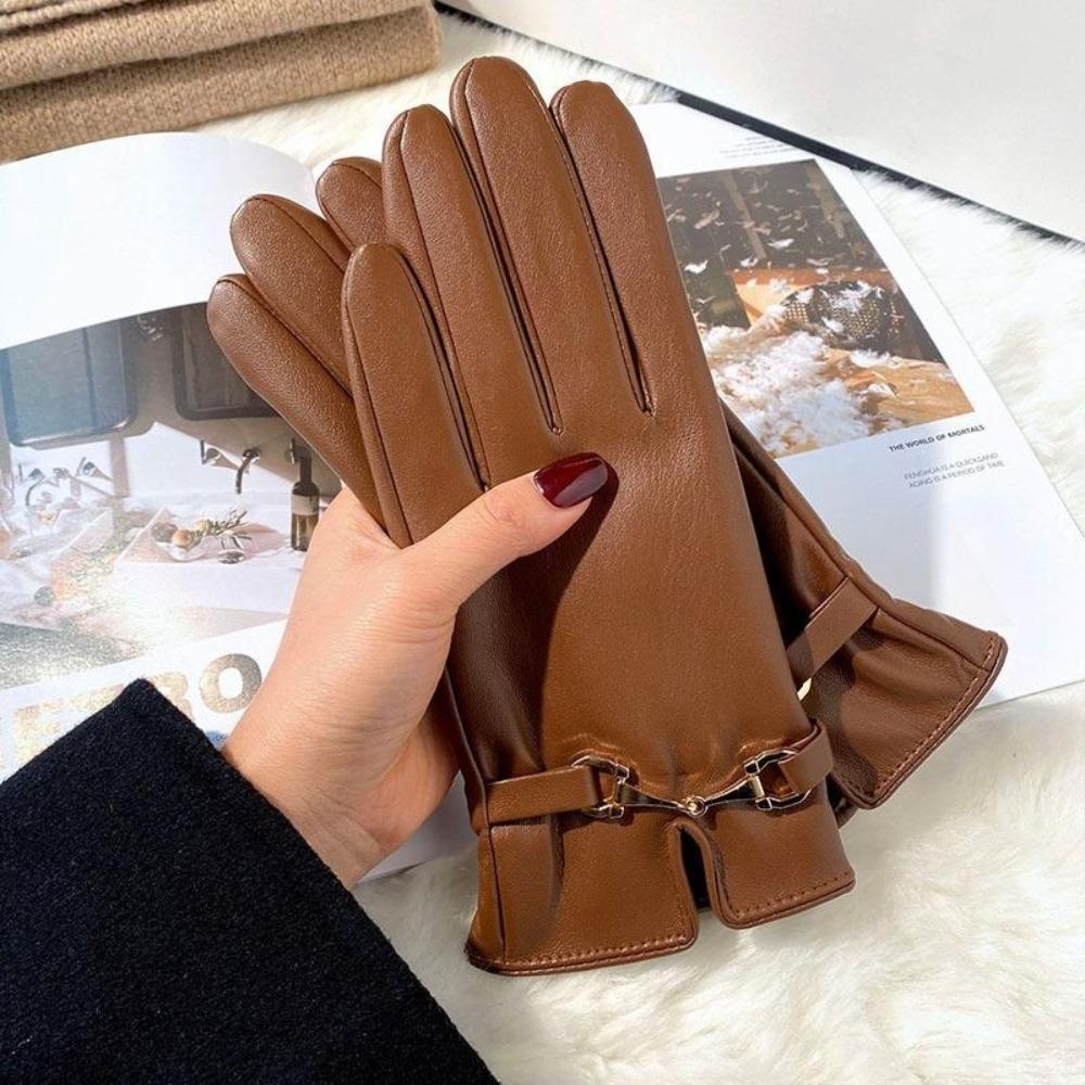 PU Full Finger Mittens Chain  Gloves Elegant Women Leather Gloves  Ladies