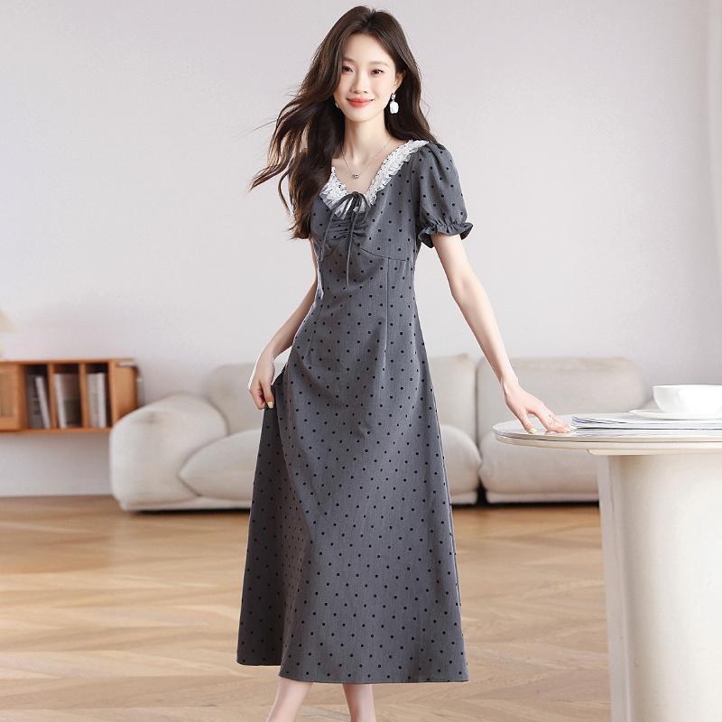 Summer Gray Dress for Women High Waist Breathable Pear Shaped Waist Design Polka Dot Dress Fashion