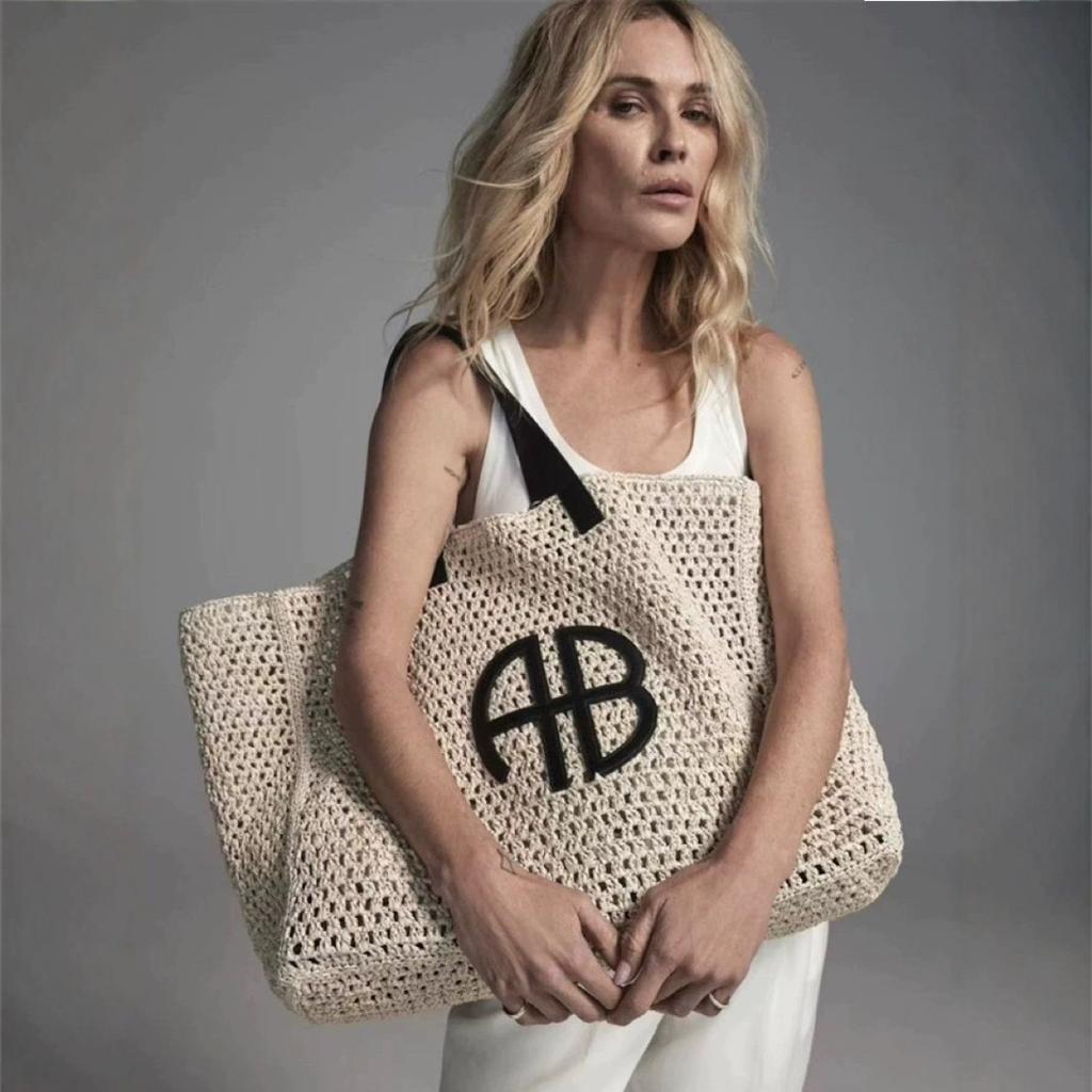 Borsa da spiaggia in paglia intrecciata con lettere AB, grande capacità, per vacanze al mare, da donna, a righe, stile semplice RIO City, borsa a mano casual da viaggio