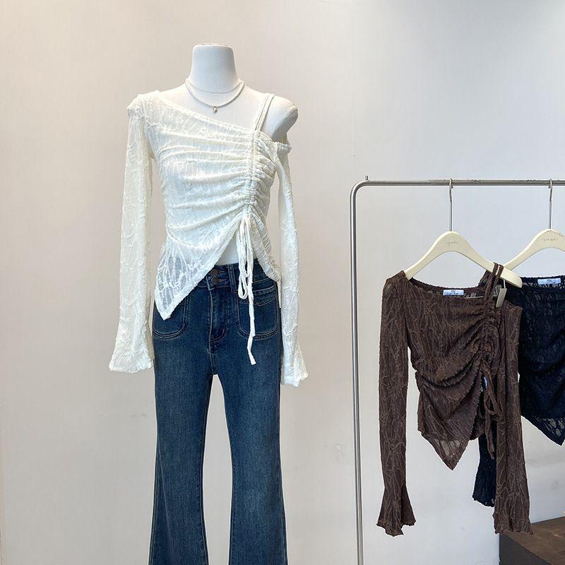 2024 Autumn Korean Chic Off-Shoulder Bell Sleeve Cropped Top for Women