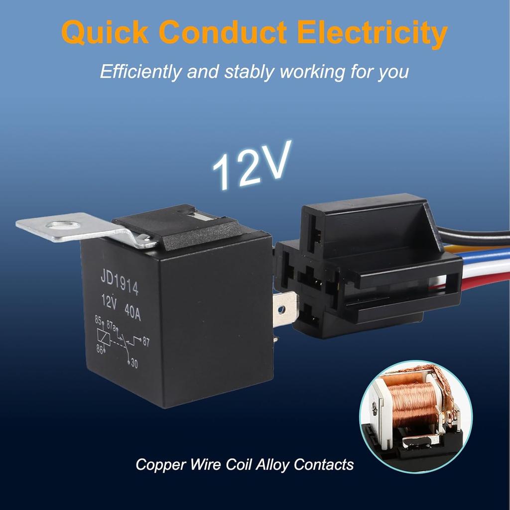 2pcs Car Relay with Harness 12V 40A 5 Pin SPST Harness Sockets with Color-Labeled Wires for Automotive Truck Van Motorcycle Boat Relays 5