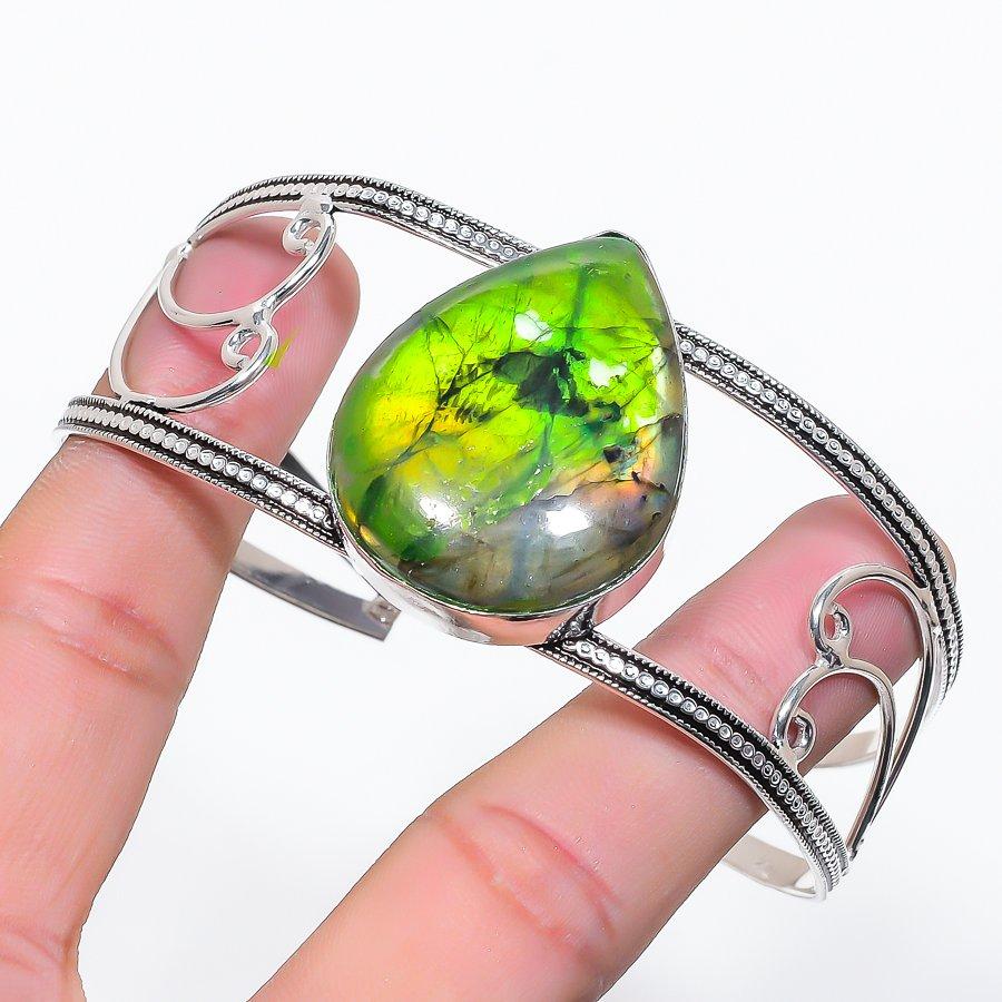Natural Green Labradorite Gemstone 925 Sterling Silver Cuff Bangle Adj s8A25