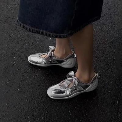 Leather Version Small Fashionable Ballet Style Casual Sports Shoes Women Thick Bottomed Mary Janes Silver Color with Bow Tie