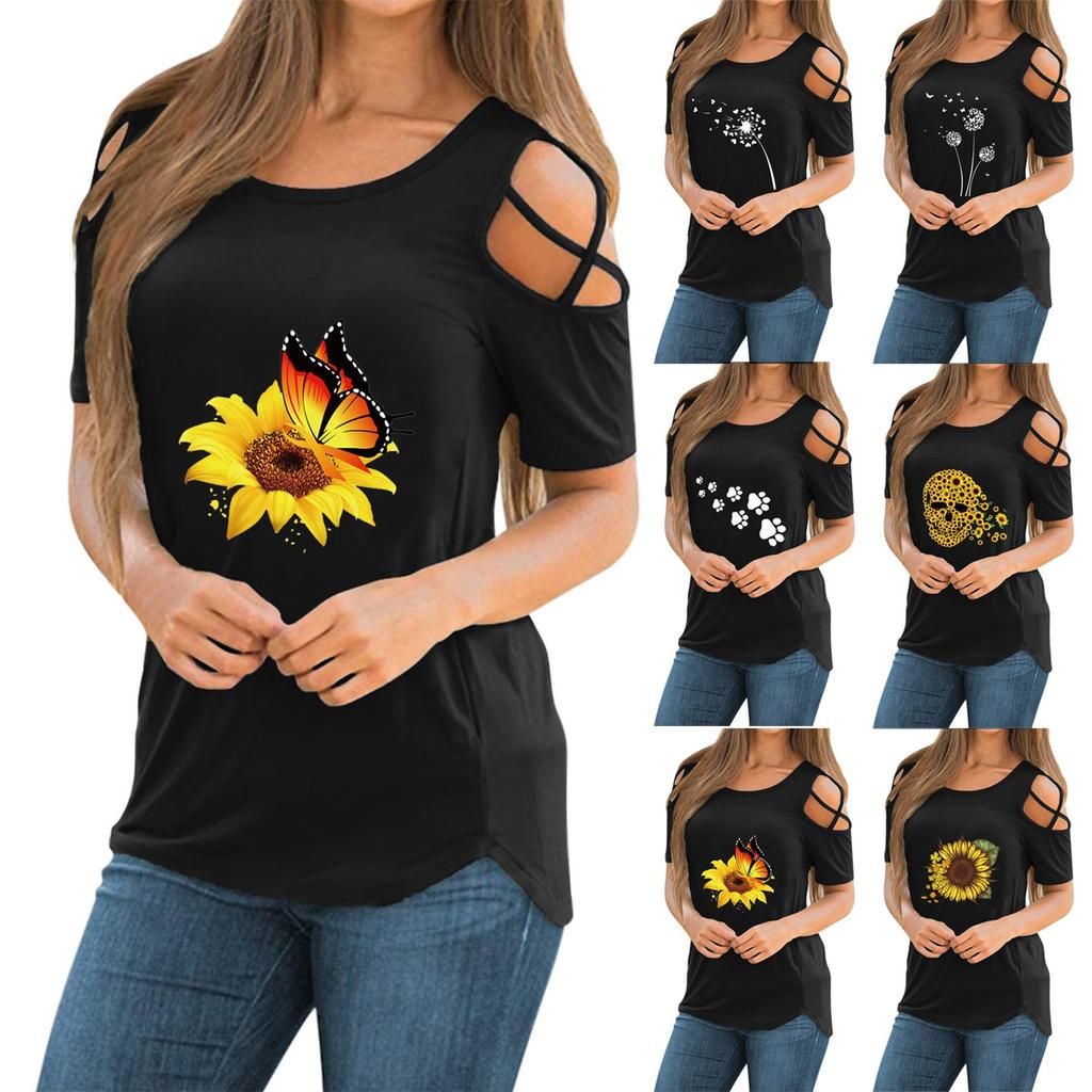 Women Tie-dye  Fashion Printed Colorful  Short Sleeve Strappy Cold Shoulder Top