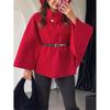 Womens Winter Elegant Wool Blend Cape Coat With Belted Waist Stand Collar