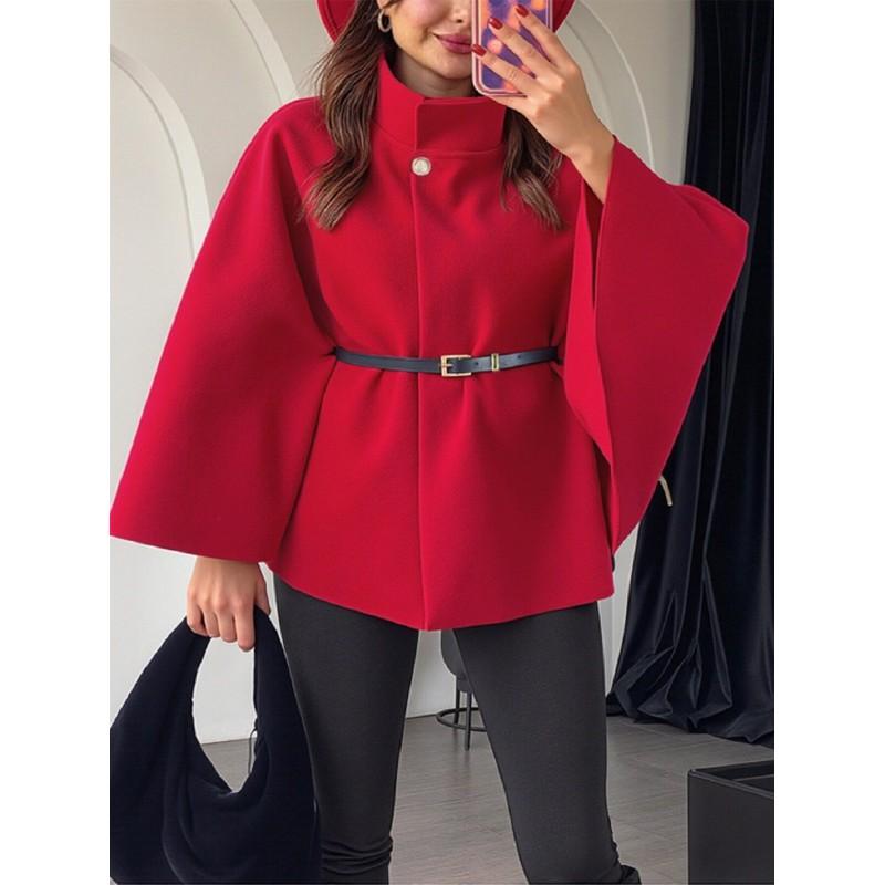 Womens Winter Elegant Wool Blend Cape Coat With Belted Waist Stand Collar
