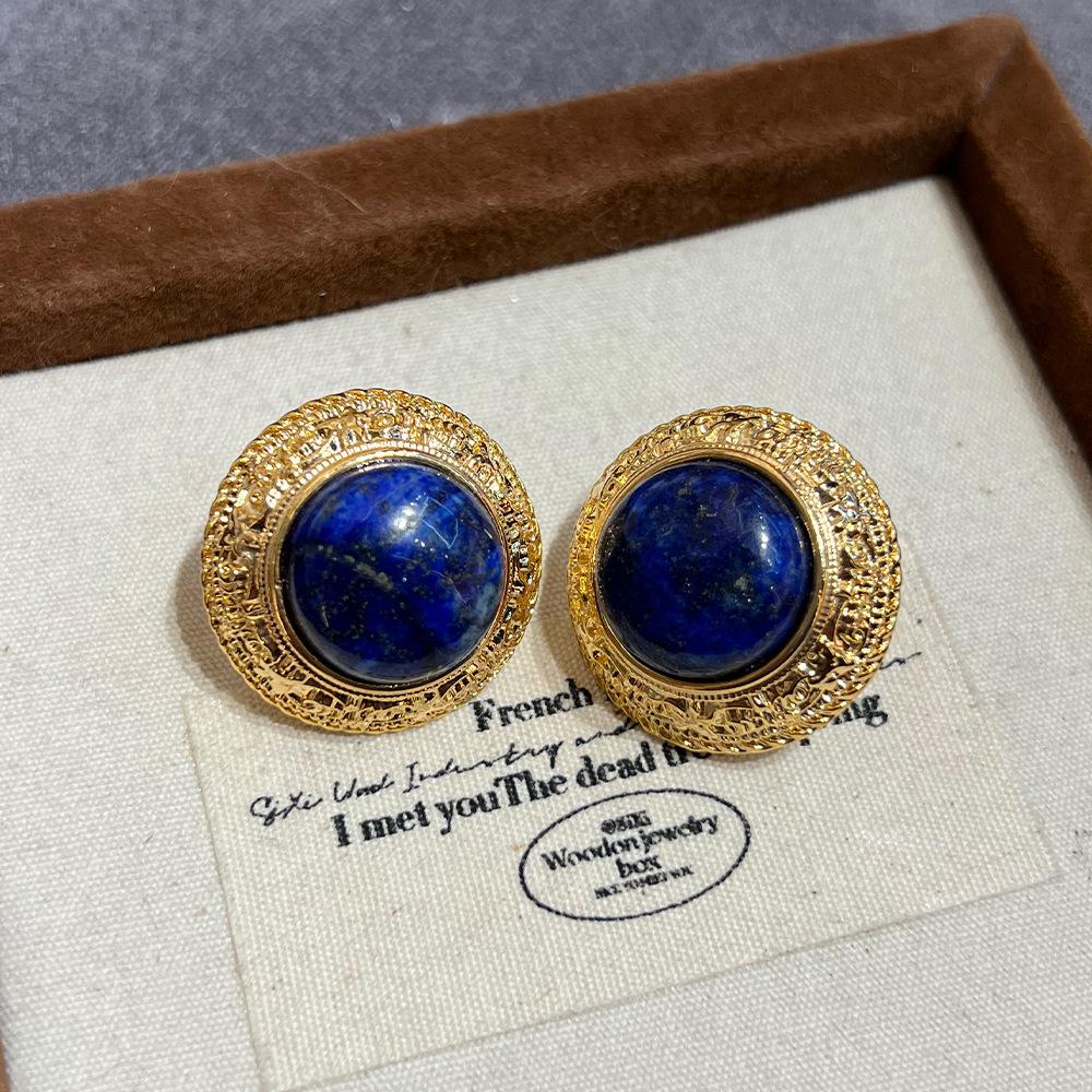 Electroplated Dumb Gold Retro Earrings Premium Sense French Natural Lapis Lazuli Water Drop Earrings