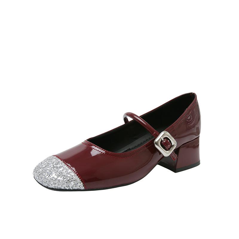 

Французские туфли-лодочки на толстом каблуке с серебристым покрытием и скрытой платформой для увеличения роста, женские, новинка лета 2025 года, под юбку, туфли на высоком каблуке Мэри Джейн, маленькие кожаные туфли 40 бордовый