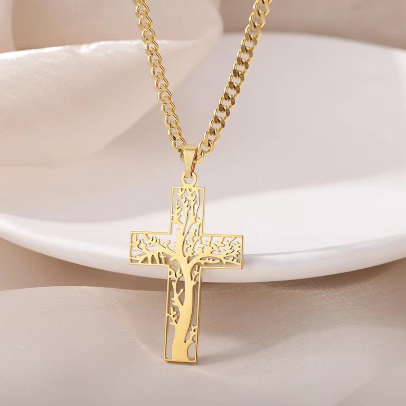EMU hot-selling new titanium steel men's life tree cross necklace, personalized trendy brand stainless steel necklace