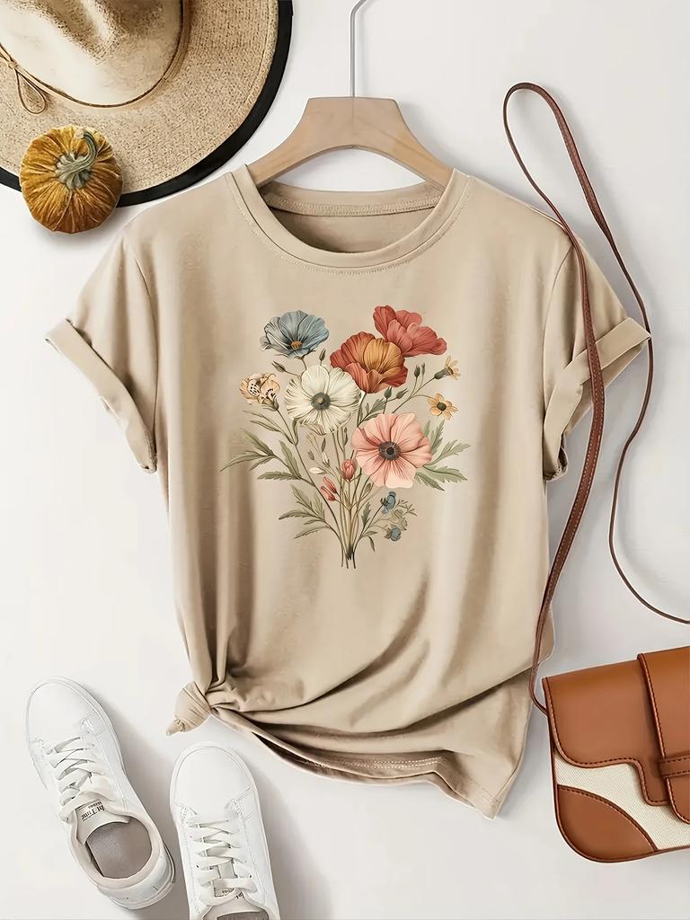 Floral Fashion Tee Breathable Women's Casual Fashion T-Shirt Crew Neck Short Sleeve Colorful Floral Women Clothing