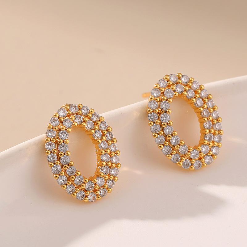 Brass Plated 18k Gold Small Zircon Inlaid Hollow Round Delicate Stud Earrings For Women