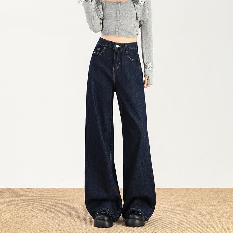 Women s Retro High-Waisted Wide-Leg Jeans - Deep Blue, Floor-Length, Slimming Fit for Spring & Autumn. Extra Small