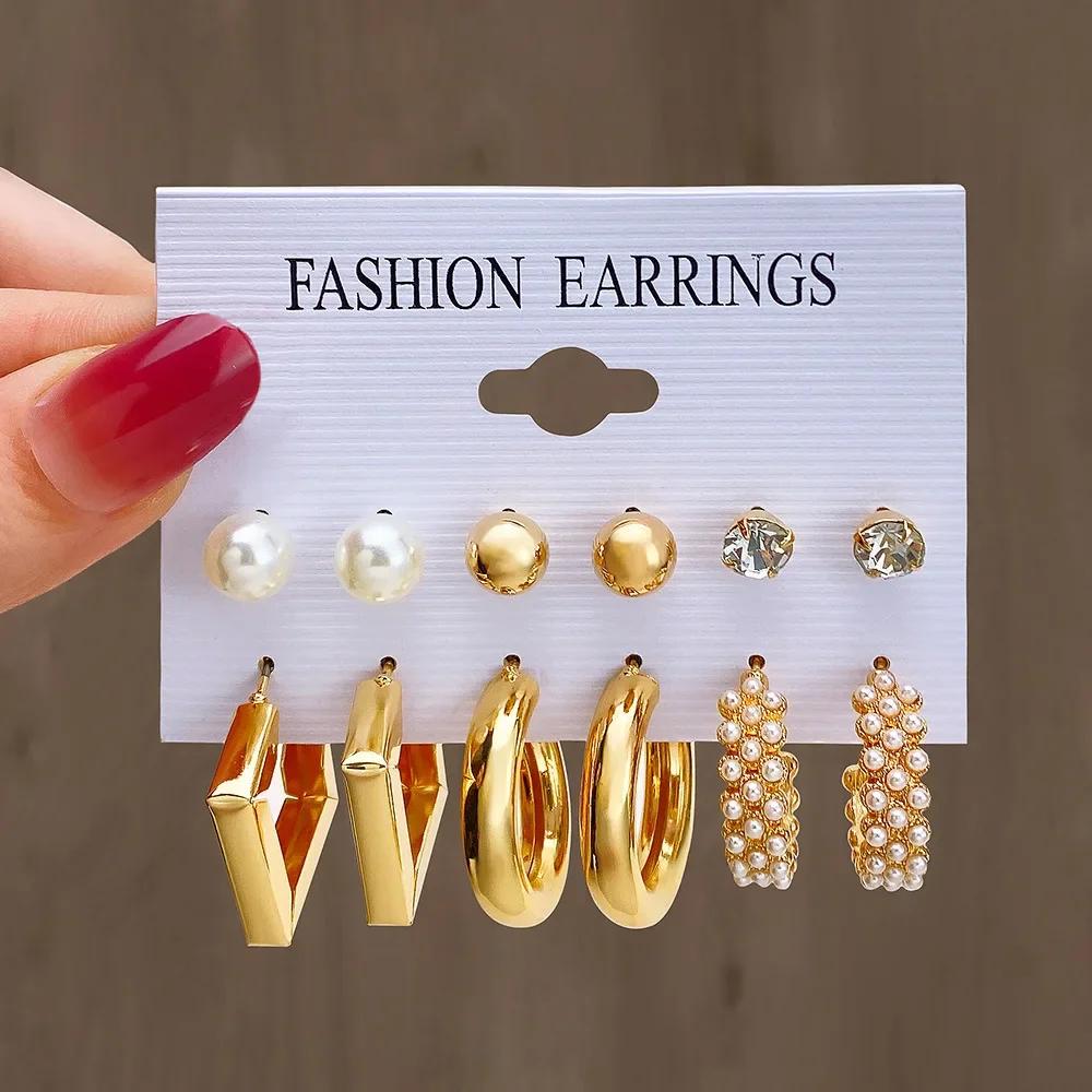 6 Pairs Boho Big Circle Hoop Earring Set for Women Gold Color Bohemia Vintage Zircon Zircon Gifts