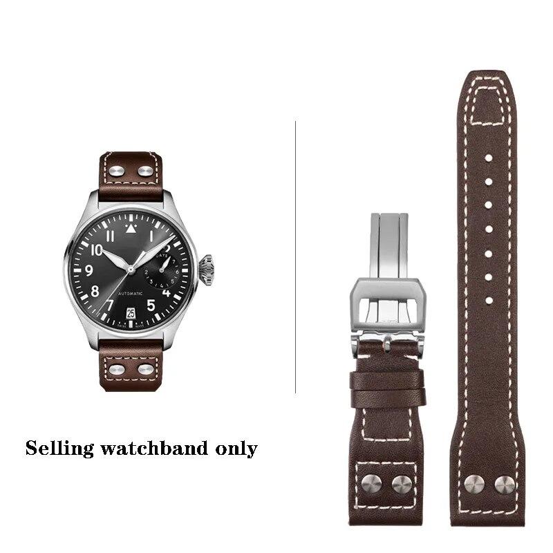 

Ремешок для часов из натуральной кожи высокого качества с заклепками 21 мм 22 мм, подходит для IWC Big Pilot Spitfire TOP GUN, коричневые, синие ремешки для часов из воловьей кожи Brown-silver 22mm