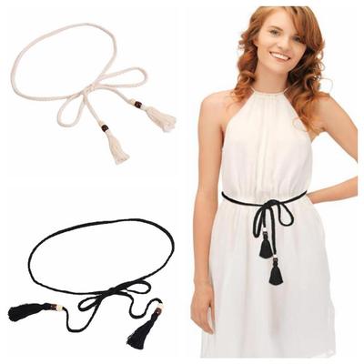 Bobo Style Braided Knotted Waist Belt Solid Color Tassel Dress Belt  for Beginners