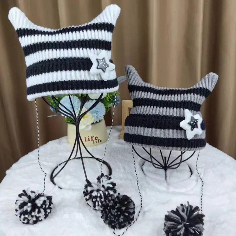Star Cat's Ears Knitted Hat Harajuku Woolen Hat Cute Slouchy Knitted Beanies  Autumn