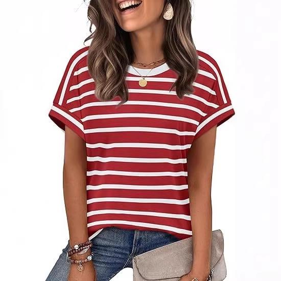 New Arrival Women's Round Neck Striped Color Block Casual Short Sleeve T-shirt