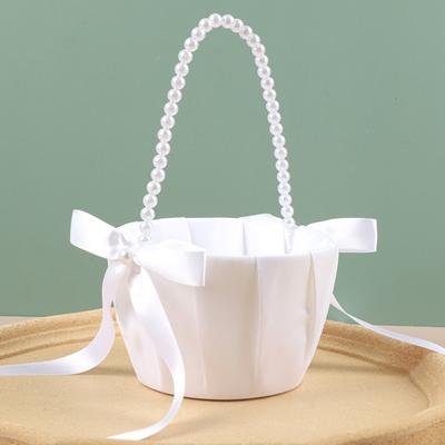 Wedding Flower Girl Basket Satin Bowknot White Basket with Faux Pearl Handle Hand Held Wedding